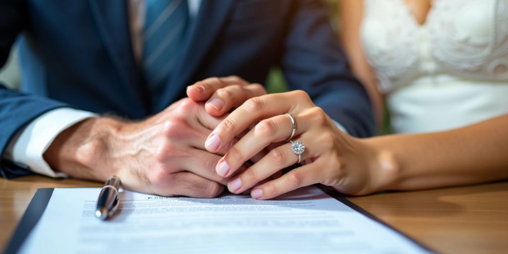 Couple holding hands with wedding rings