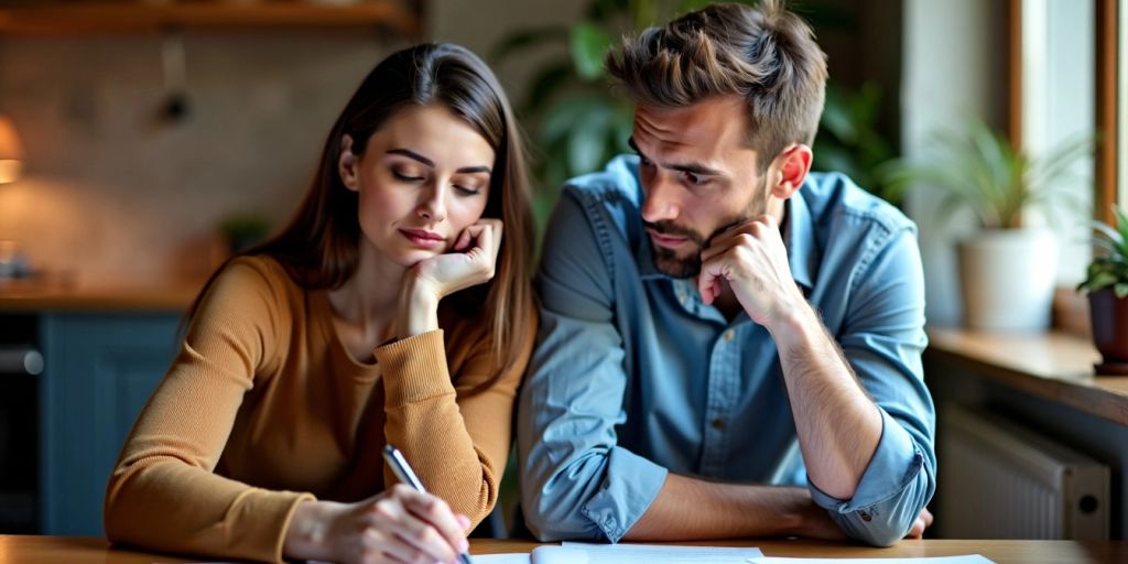 Couple reviewing documents at a table