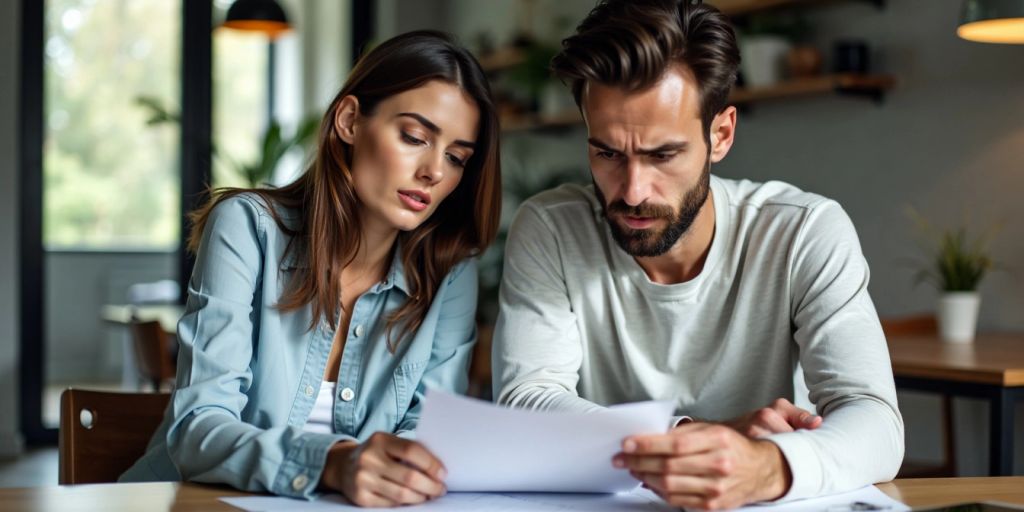 Couple reviewing documents at a table