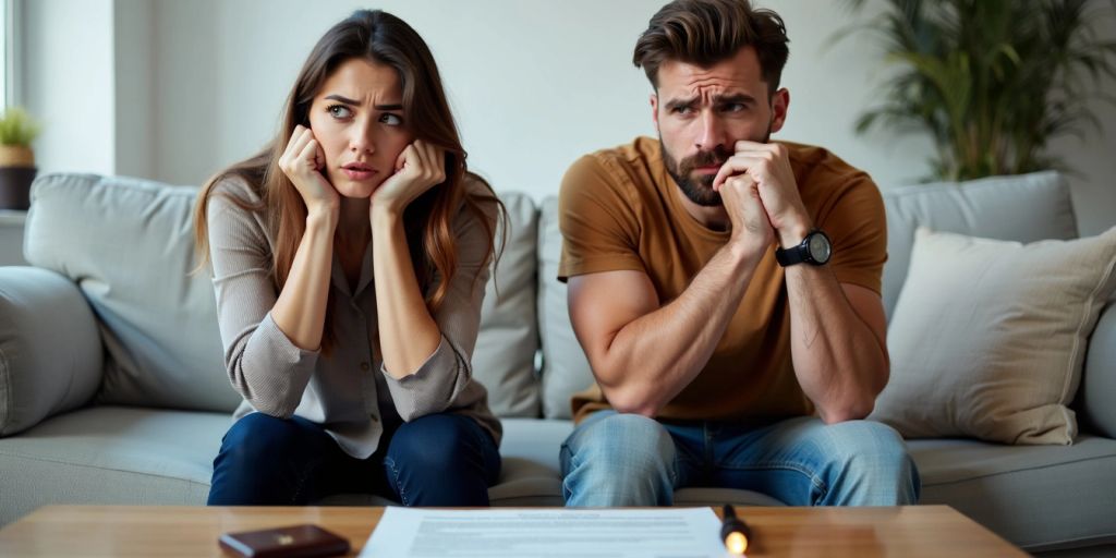 Couple looking away with legal document