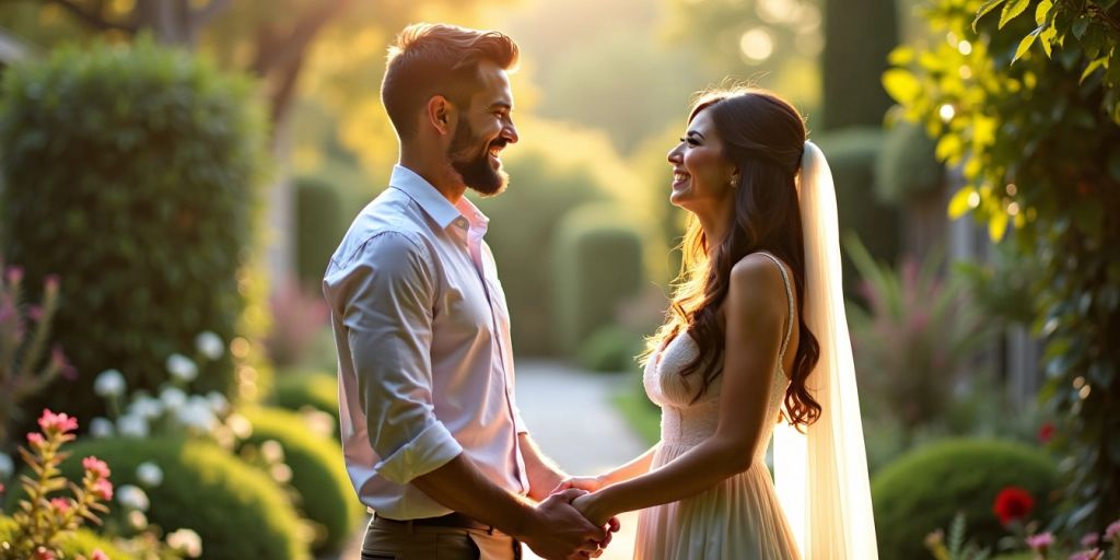 Couple holding hands in a garden