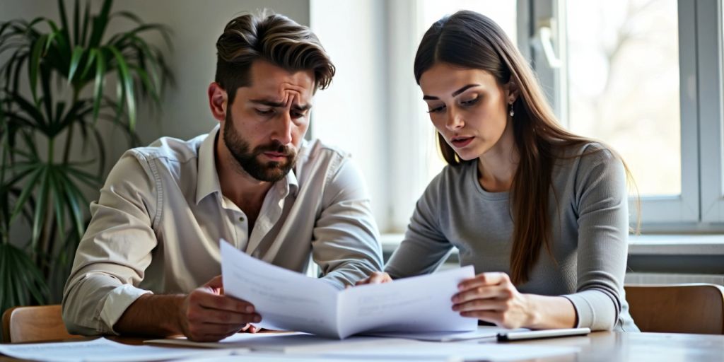 Couple reviewing documents at a table