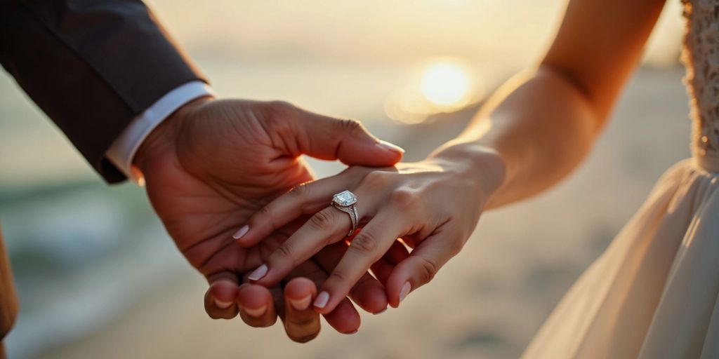 Couple holding hands with wedding rings