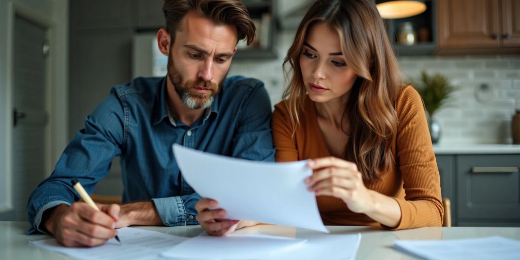 Couple reviewing documents at a table.