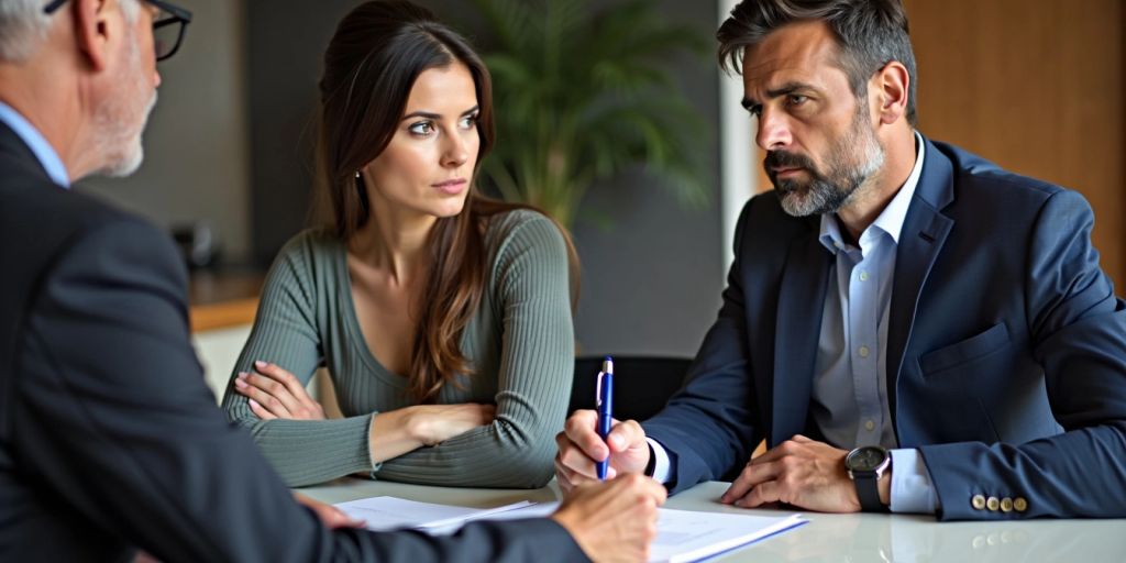 Couple with lawyer reviewing documents