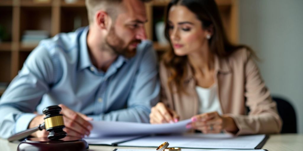 Couple discussing documents with rings and gavel