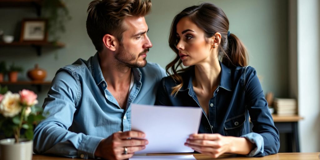 Couple discussing nuptial agreement document.