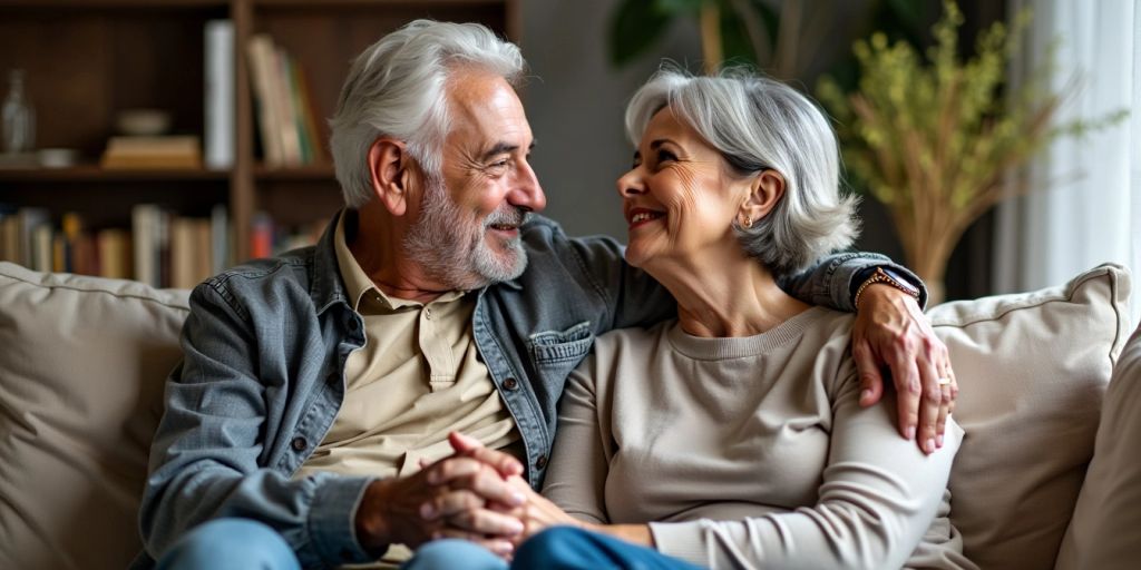 Middle-aged couple holding hands on a couch