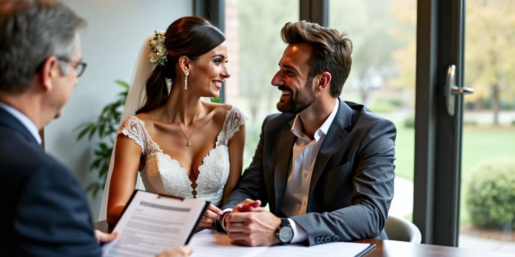 Newlyweds with lawyer discussing documents