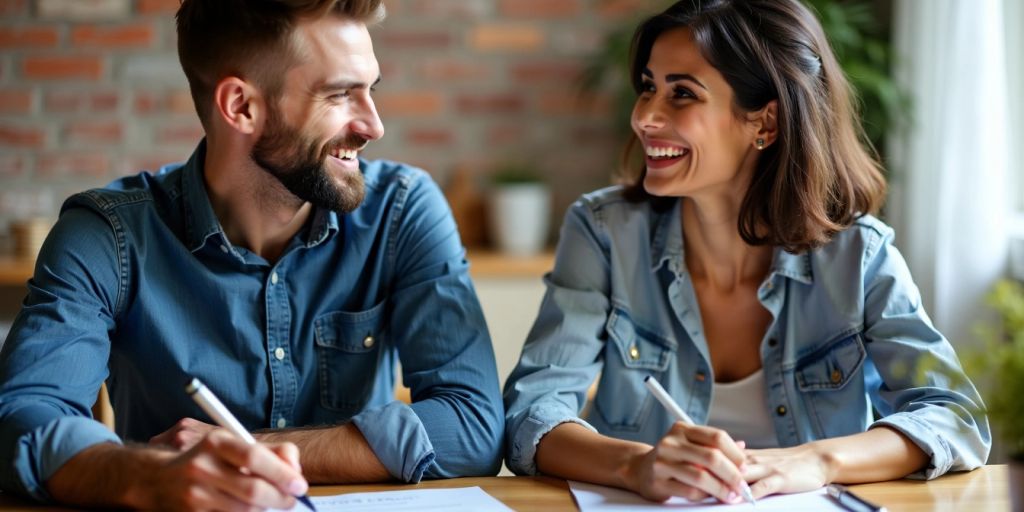 Couple reviewing documents together happily