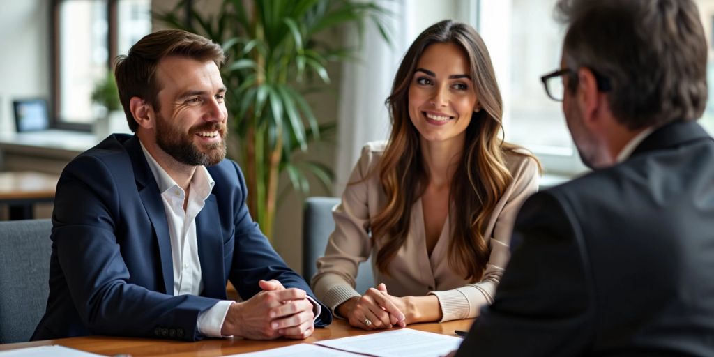 Couple with lawyer discussing document