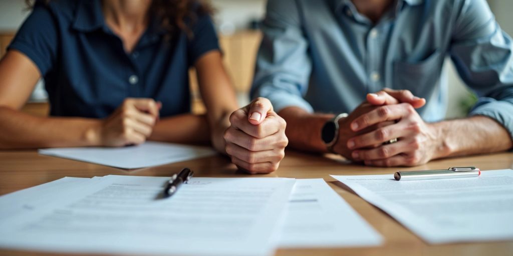 Couple holding hands with legal documents