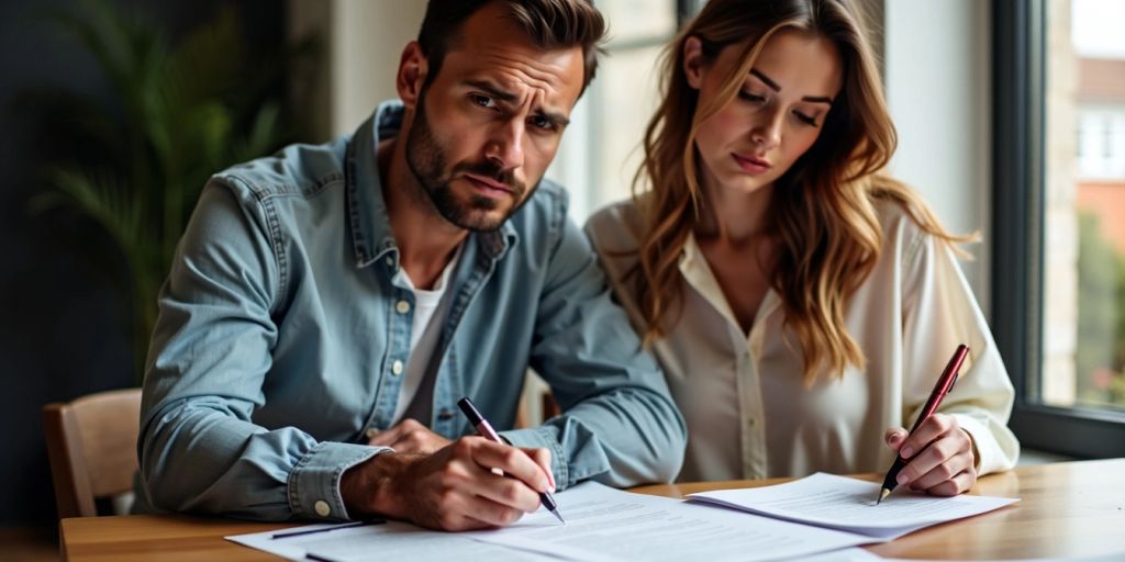 Couple reviewing and signing documents together